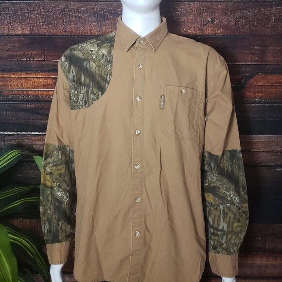 Columbia Top Mens Large Button Up Shirt Hunting Shooting Camo Patch Brown - Picture 5 of 8